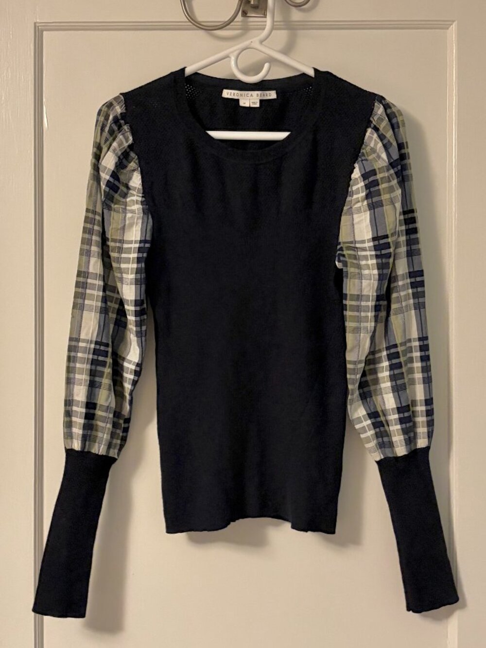 Veronica Beard Leila wool rib-knit plaid sweater puff bishop sleeve size medium